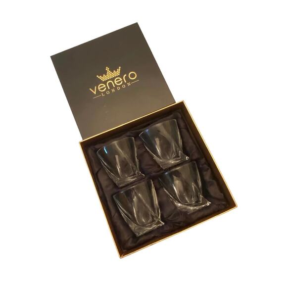 Four Modern Venero London Crystal Twisted Rocks Tumblers Glasses in Storage Box - Picture 9 of 9